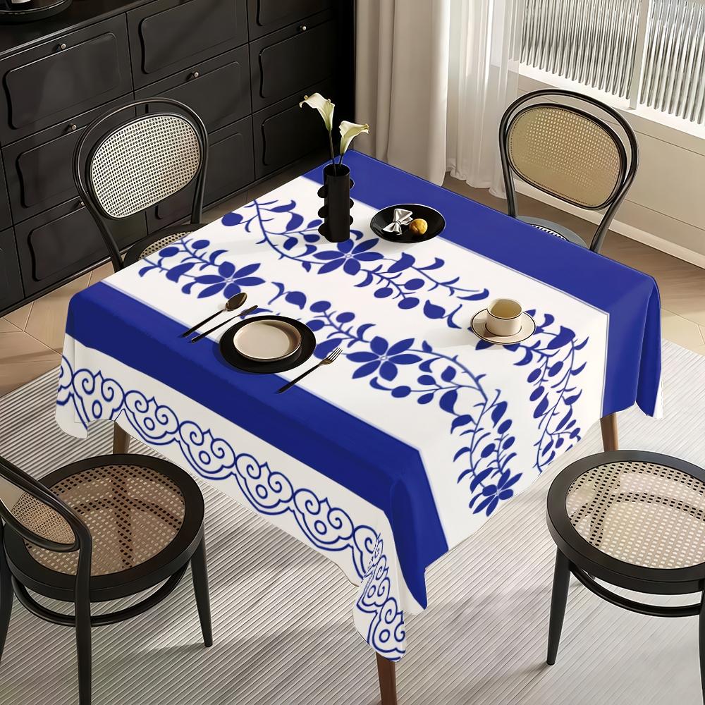JIT 1pc 2D flat modern blue floral pattern rectangular tablecloth for dining table, kitchen, living room, and dining room, kitchen accessory, party, room & outdoor decorative tablecloth, a tablecloth gift for friends