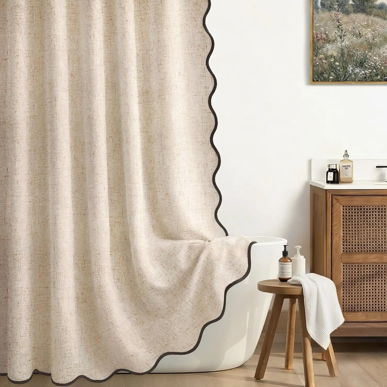 Beige Scalloped Linen Shower Curtain, 72" W x 72" L, Black Border, Heavy-Duty Washable Cloth, for Boho Farmhouse Bathroom Bathtub, Shower Curtains