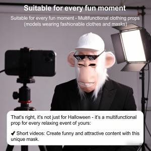 Novel monkey mask, fun white fur gorilla latex mask + adjustable pixel sunglasses, suitable for Halloween role-playing, parties, and social occasions