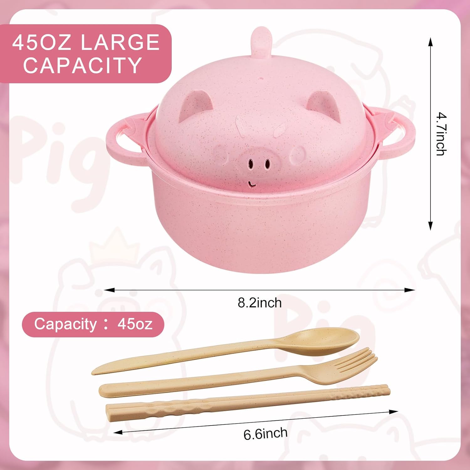 Nifogo Stylish Wheat Straw Cartoon Pig Ramen Noodle Bowl Set - 43oz(1300ml) Microwave-Safe Ramen Cooker with Strainer Lid, Handle, Spoon, Fork, Chopsticks, Stackable Bowls - Camp Kitchen Ware for Home,Camping Use