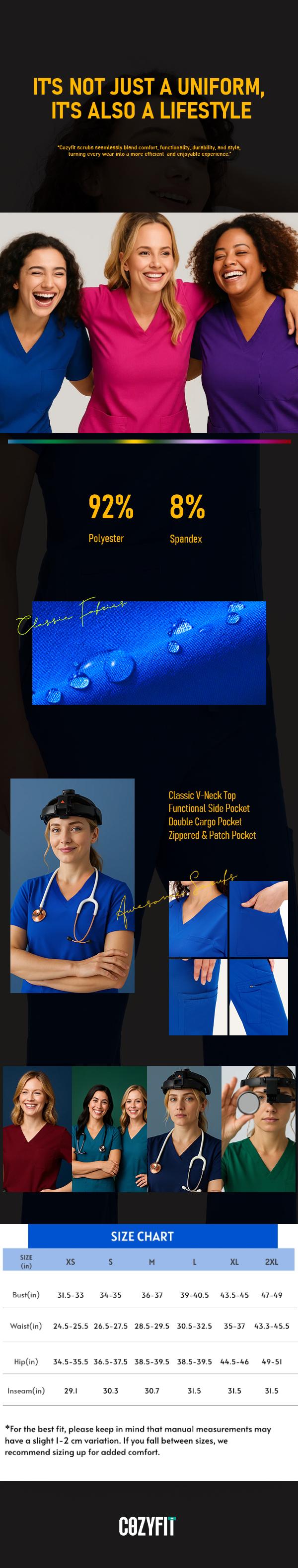 COZYFIT Women's ProPocket Scrubs Set Medical Uniform V-Neck Top & Straight Leg Pants 12 Pockets Comfort Fit Easy Care