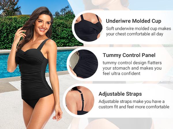 Holipick Two Piece Underwire Tankini Swimsuits for Women Tummy Control Tankini Top Bandeau Bathing Suits with Bottom
