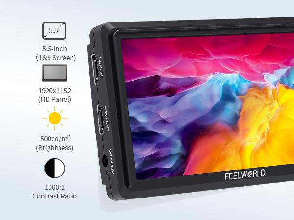 FEELWORLD S55 5.5 inch Camera DSLR Field Monitor Small Full HD 1920x1152 IPS LUT Video Peaking Focus Assist with 4K HDMI 8.4V DC Input Output Include Tilt Arm FEELWORLD S55 5.5 inch Camera DSLR Field Monitor Small Full HD 1920x1152 IPS LUT Video Peaking Focus Assist with 4K HDMI 8.4V DC Input Output Include Tilt Arm