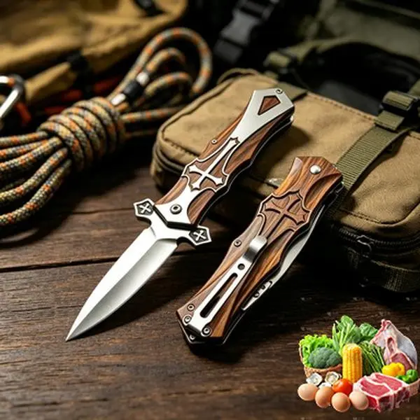 Folding Pocket Knife, Cross Pattern Wooden Handle EDC Knife, Sharp Stainless Steel Blade For Camping Hiking Outdoor Daily Carry