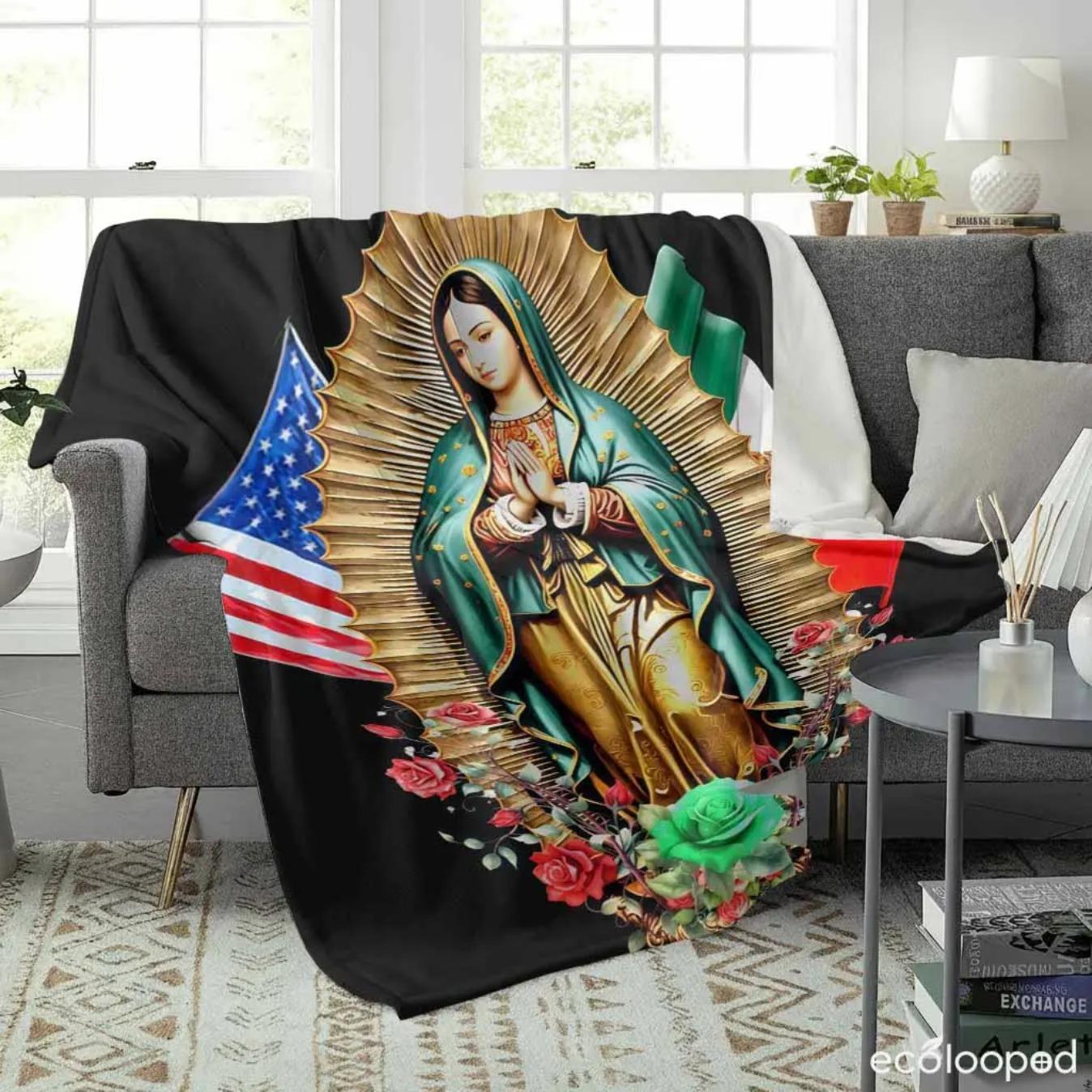 Virgin Mary flannel blanket with USA and Mexico flag floral print  soft warm lightweight  perfect for home decor  church gatherings  holiday celebrations  prayer room  and gifting to loved ones