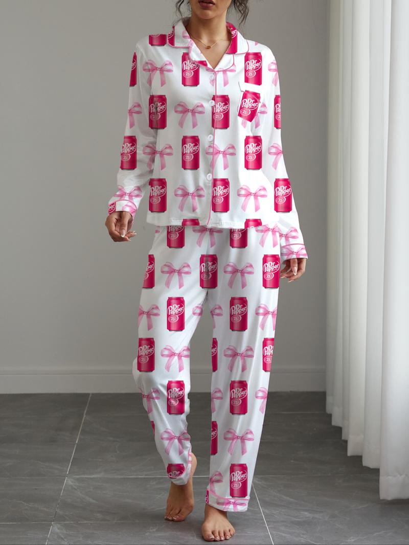 Dr Pepper,Women's Fall Winter Home Set, Soda Pattern Printed Sleepwear, Shirt Collar Button Long Sleeve Top and Loose Elastic Pants, Pajama Set