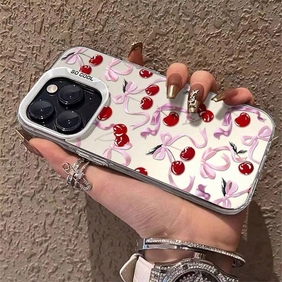 1pc Full Screen Pink Bow Red Cherry Compatible For Phone17/16/15/14/13/12/11/8/ 7ProMax/Pro/Plus/Xs Max/XS/X,For Compatible With Colored Simple  Fall Prevention Anti-Shock, Anti-Slip, Anti Drop, Camera Lens Protection, Silicone Anti Wear Phone Case ﻿