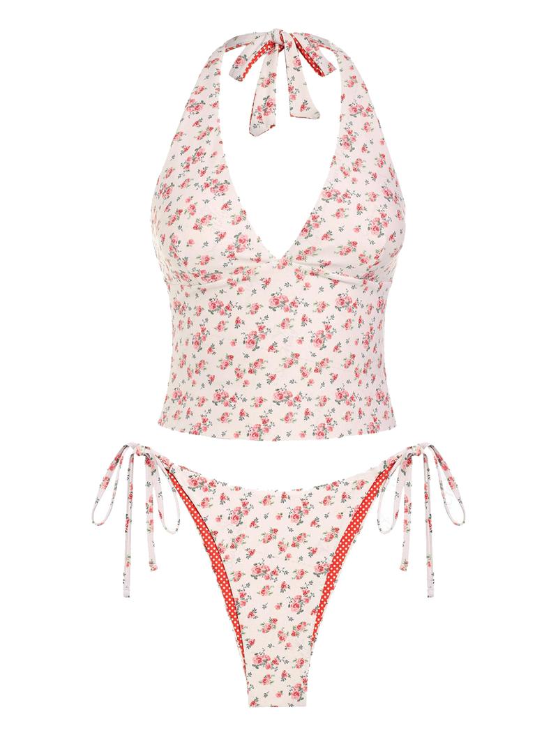 Women's Summer Beach Floral Leaves Halter Tied Tank Style Full Coverage Bikini Tankini Set Two Piece Bathing Suits Tankini Swimsuits Women