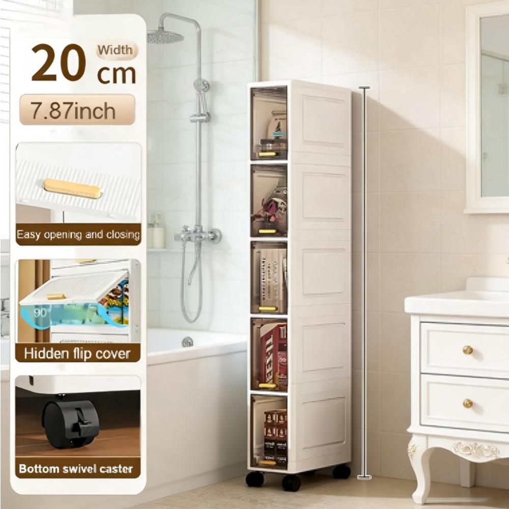 Multi-layer tall and narrow bathroom storage cabinet, portable toiletries storage cabinet with wheels, space-saving stackable storage containers, flip-top transparent cabinet door design, narrow storage unit, for small spaces