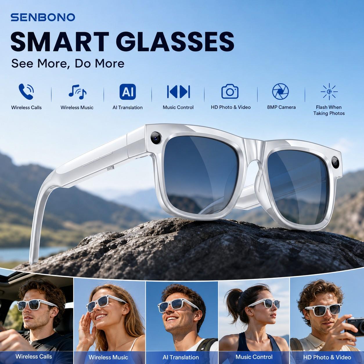 SENBONO Smart Glasses with Magnetic Charging Battery, Support Photo Video Audio Recording, Offline Local Capture with Sync After Reconnection, Travel and Outdoor Use