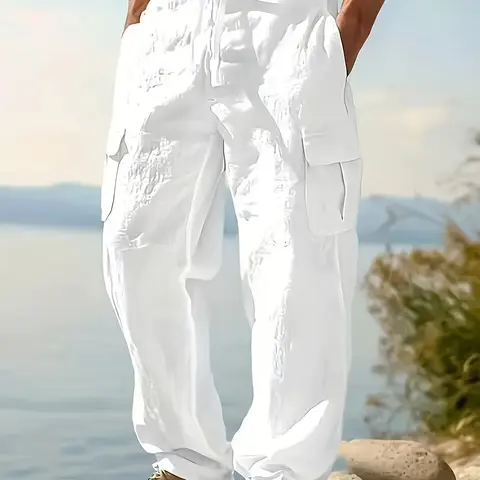 Men's Casual Cargo Style Summer Linen Pants, Multi-Pocket Design, Loose Fit, Comfortable Beach Wear, Stylish and Functional Long Trousers, All Purpose Pants, Casual Comfy Trouser