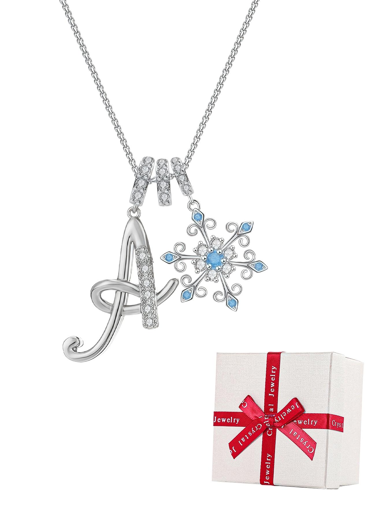 Snowflake Initial Necklace with Blue Rose Jewelry Box, Included Jewelry Box, Letter Pendant for Women, Birthday Christmas Gift for Wife Mom Girlfriend Daughter