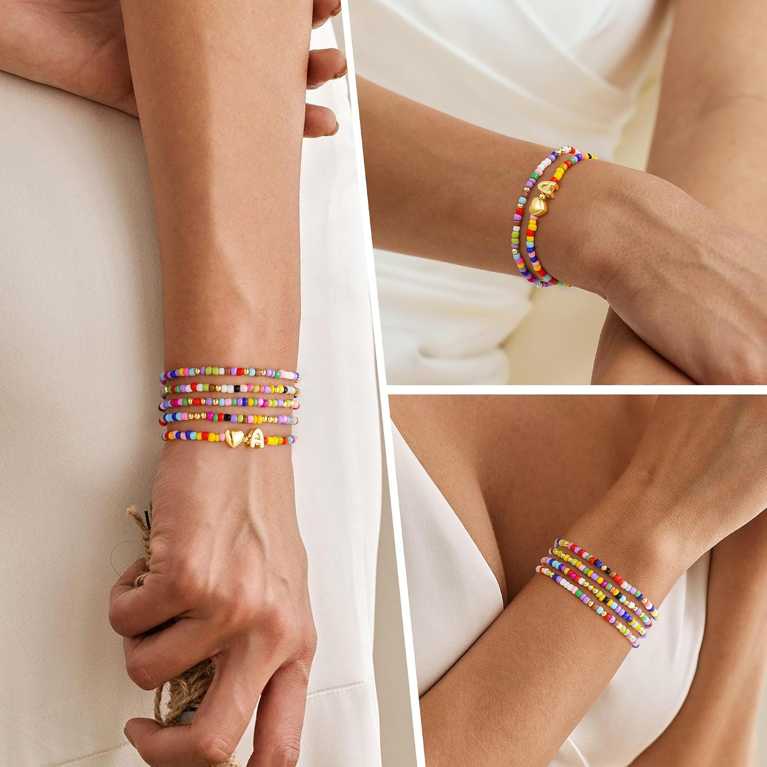 Gifts for Girls  - 5 count Colorful Beaded Initial Girls Bracelet | Cute Stretch Heart Letter Bracelet for Teen Girls, Initial Bracelet  for , Birthday Gifts for Girls Teen Girl
