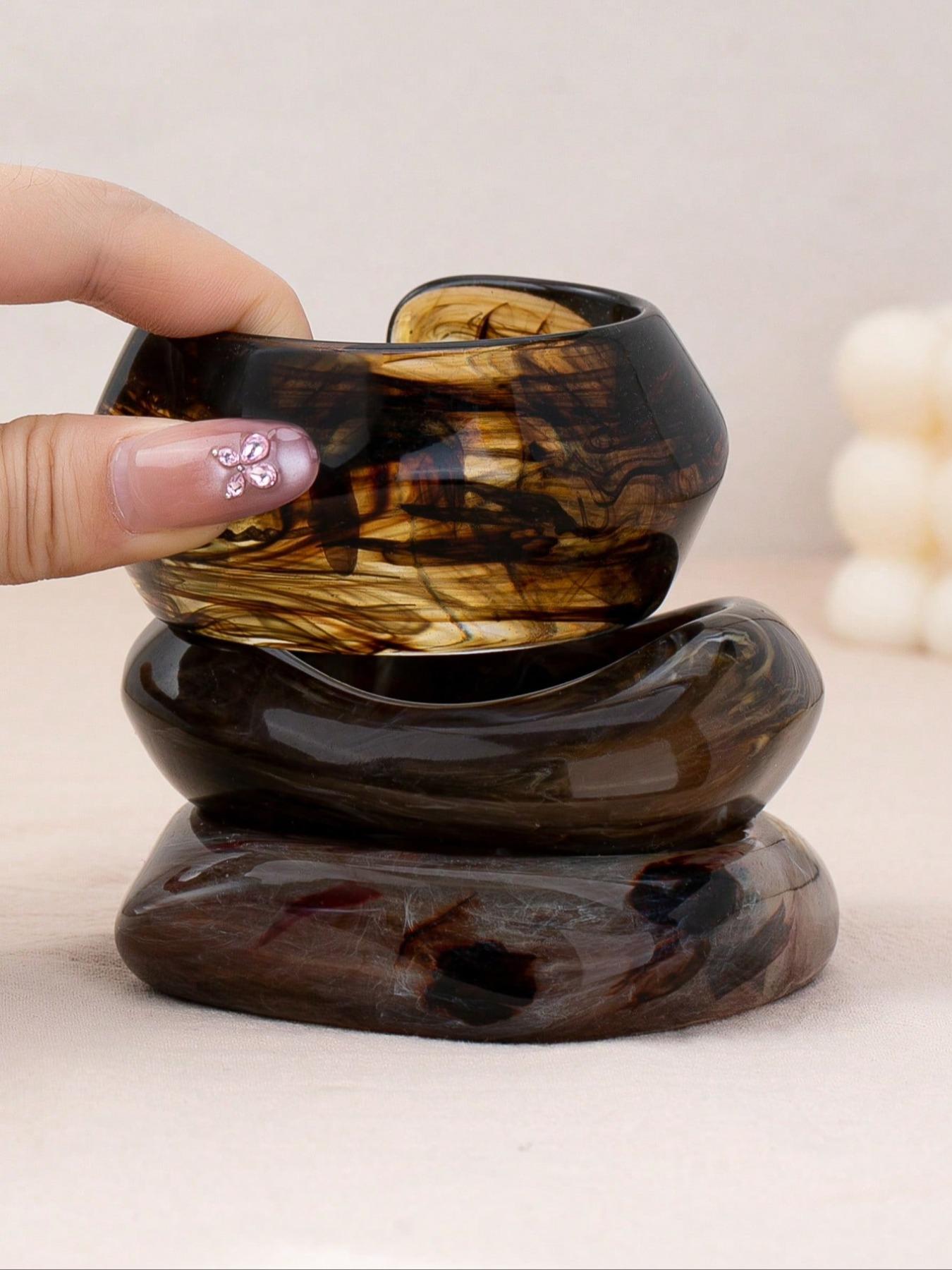 3-Piece Turtle Shell Marble Resin Bracelet Set, Thick Acrylic Bracelets, Boho Style Bracelet, Vintage Bohemian Style Jewelry Gift, Handmade Accessories