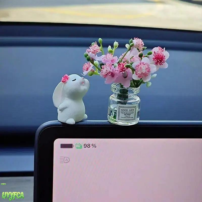 Car Dashboard Ornament Set, 2-Piece Coquette Kissing Bunny & Pink Floral Vase, Resin & Glass Interior Accent for Cars, Aesthetic Desk Decor Gift for Women, Ornaments, Artificial Flowers, Dashboard Decor, Thoughtful Gift, Dainty, Cute Pair, Car Dashboard D