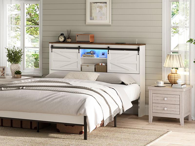 HOOBRO Queen Size Headboard Only for Bedroom, Farmhouse Queen Headboard with Charging Station & LED Lights, Wooden Headboard for Queen Size Bed, Bookcase Headboard with Storage Shelf and Barn Doors