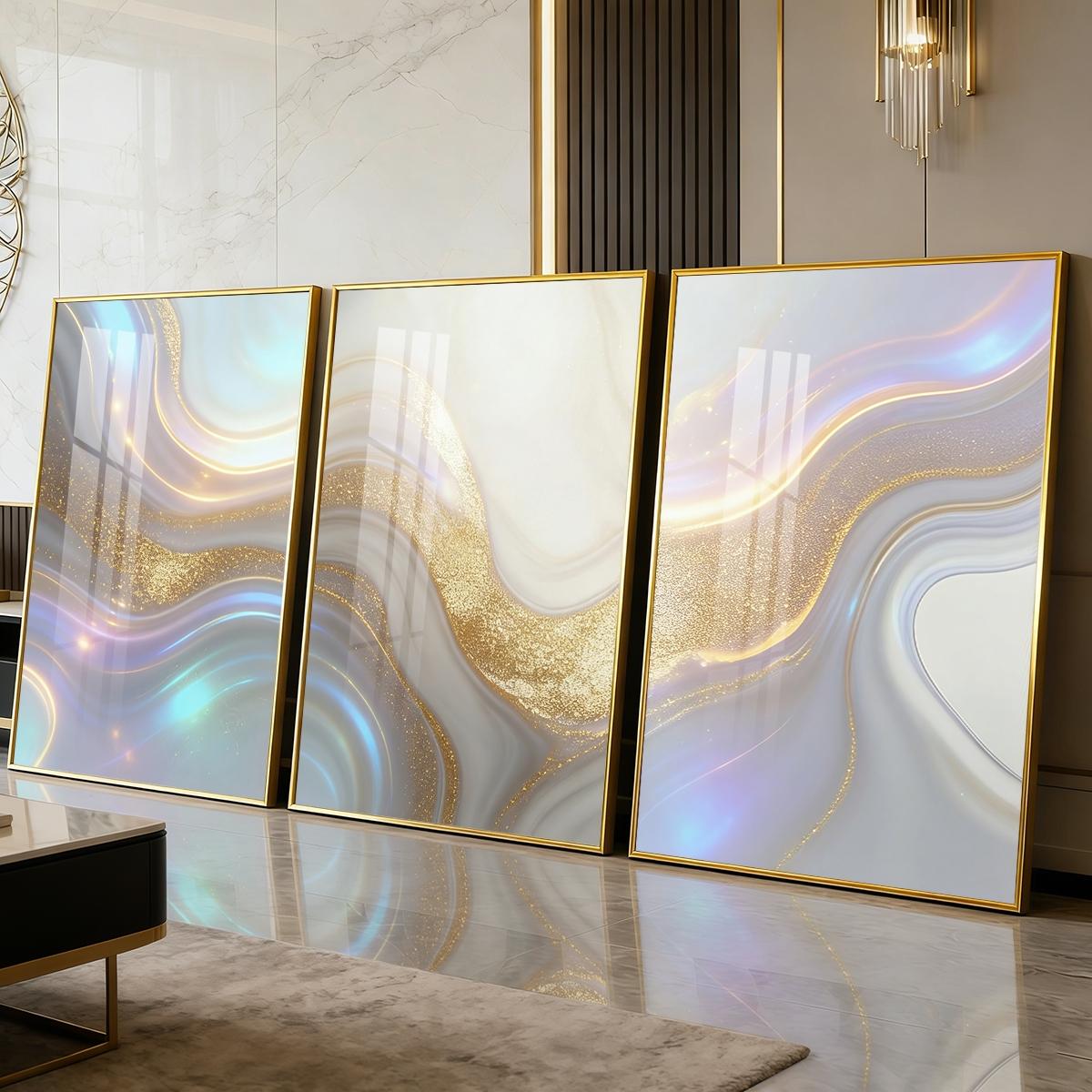 3 Counts Aluminum Alloy Framed Painting, Abstract Golden And Silver Fluid Art Pattern, Home Decoration For Living Room, Bedroom, Office, Restaurant, Hallway Wall Decor, Odorless Print Artwork, Luxury Perfect Gift For Friends And Family