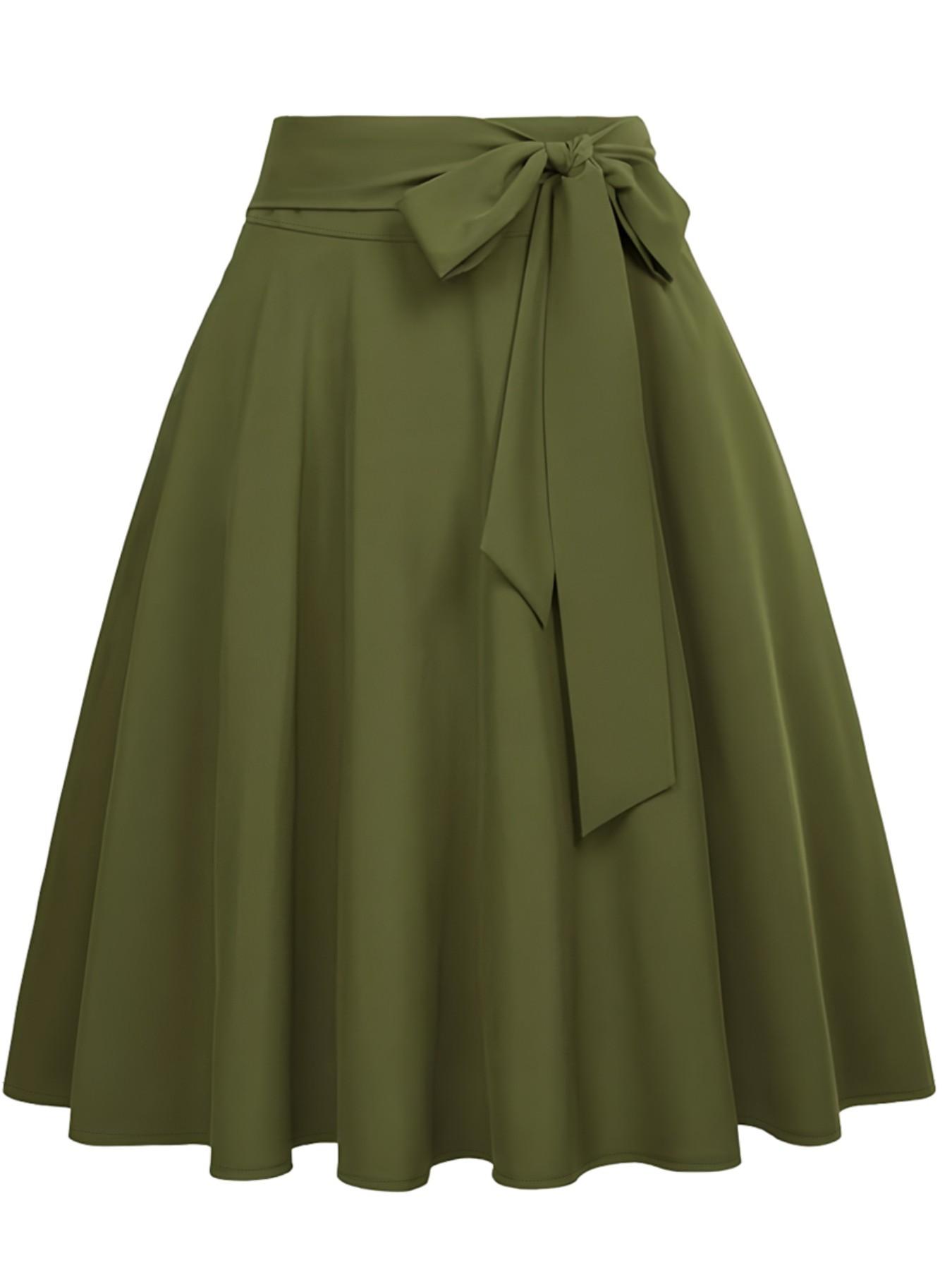 New Spring Summer Women's Solid Color Midi Skirt High Waist Zipper Design Umbrella Hem Bow Belt Elegant Fashion Commuter Versatile