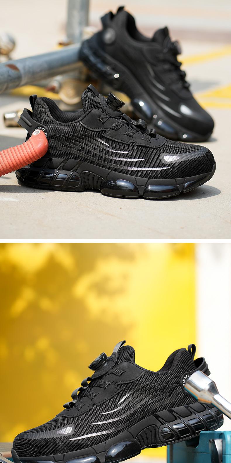 QINGRUIPAI Men's Breathable Mesh Work Sneakers Durable Anti-Slip Safety Shoes with Steel Toe Protection Comfort Fit for All Seasons Casual Striped Design Elastic Closure Non-Slip EVA Sole Outdoorfun Fathersdaygift