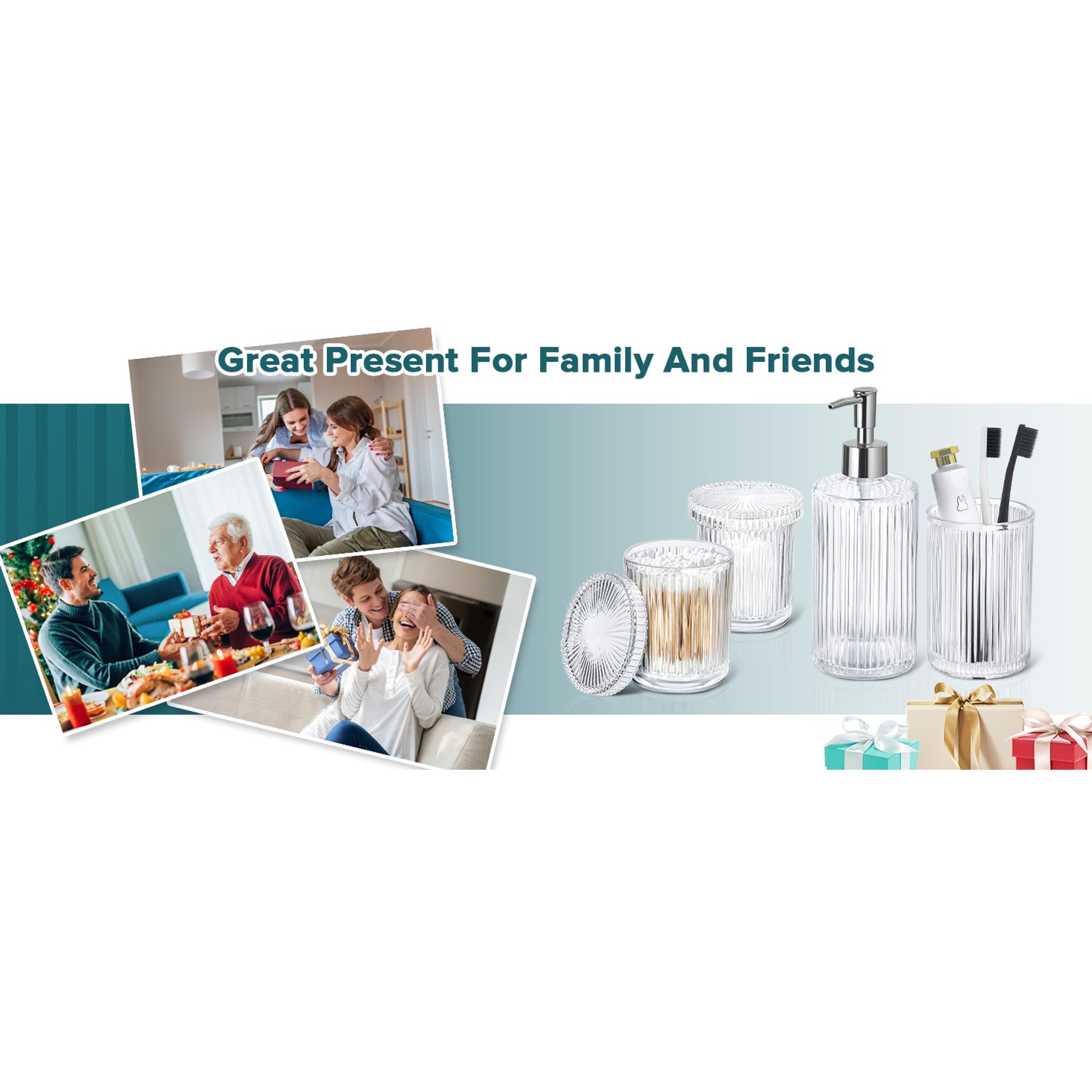 4-Piece Ribbed Glass Bathroom Accessory Set - Silver Modern Counter Decor with Soap Dispenser, Toothbrush Holder, and 2 Qtip Holders, Four Pieces