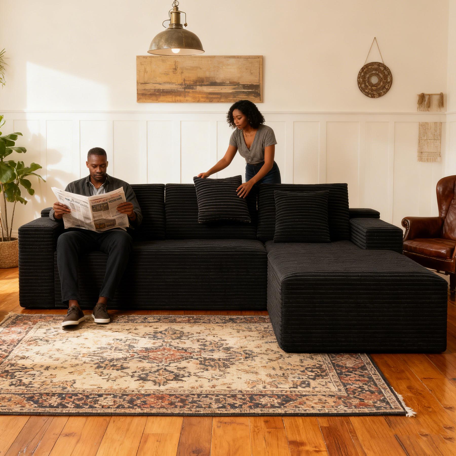 104" sofa living room Black Plush Corduroy Cloud VelvetModular Couches with Chaise, NoAssembly Required -L-ShapedSectional Sofa Set with FlexibleConfiguration boneless sectional furniture