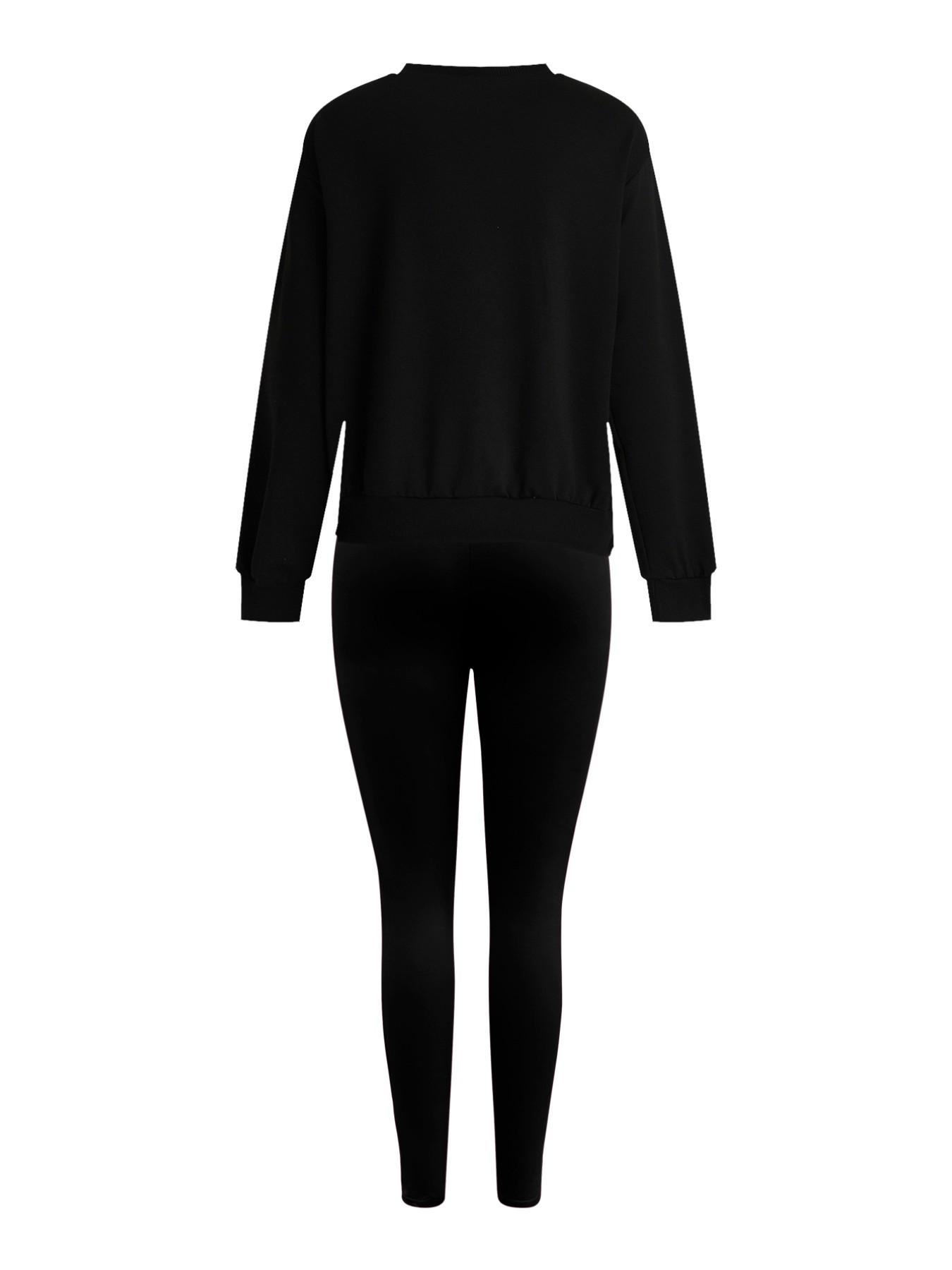 Women's 2-Piece Fitted Sweatshirt Set, Milano Letter Print, Round Neck Long Sleeve, Bottoms Pants, Casual Fall Winter