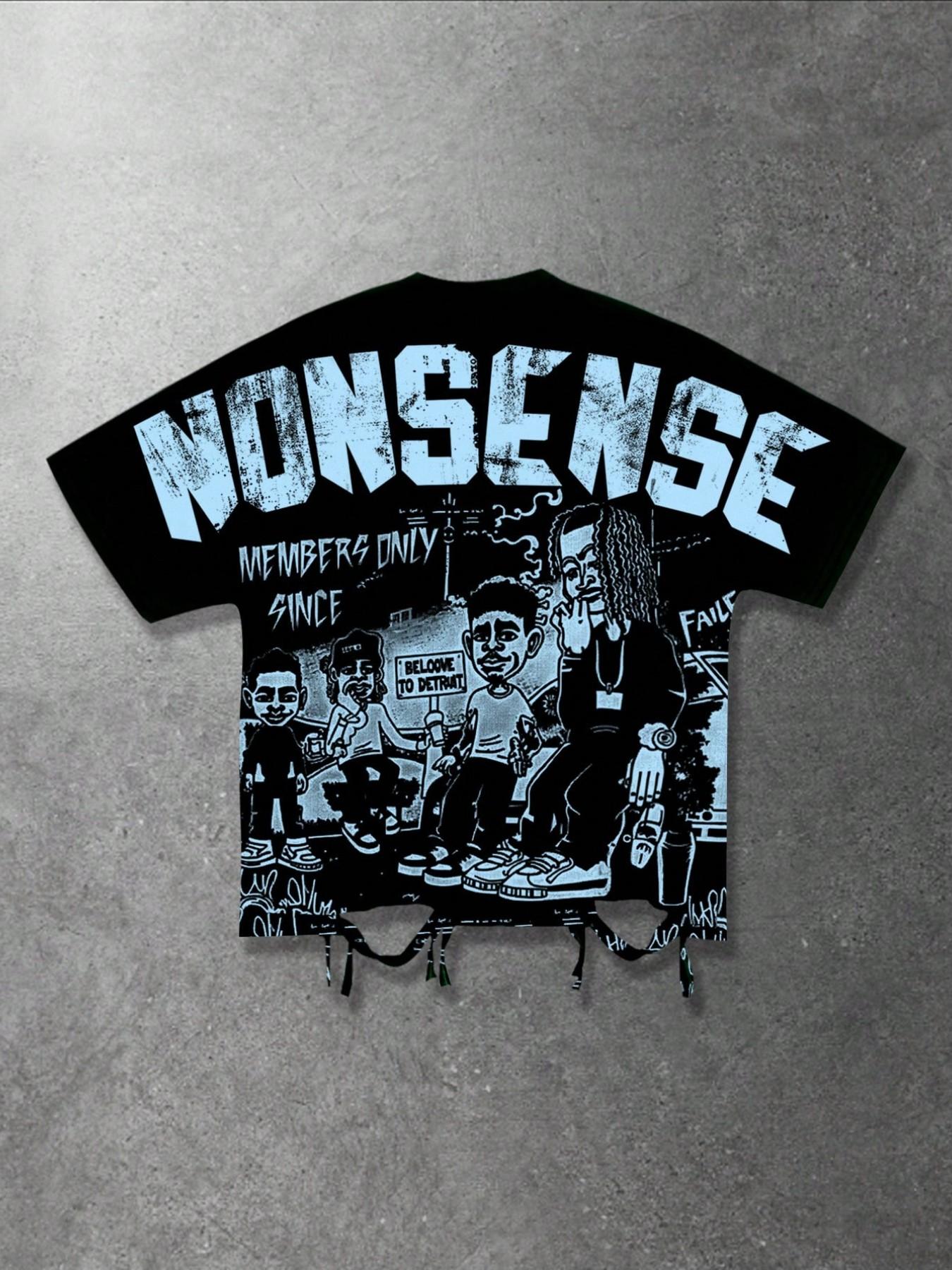 Cartoon line art Y2K style batwing sleeve T-shirt with loose fit, streetwear hip-hop portrait character print loose shirt unisex, European and American party club casual wear geometric aesthetic short sleeve