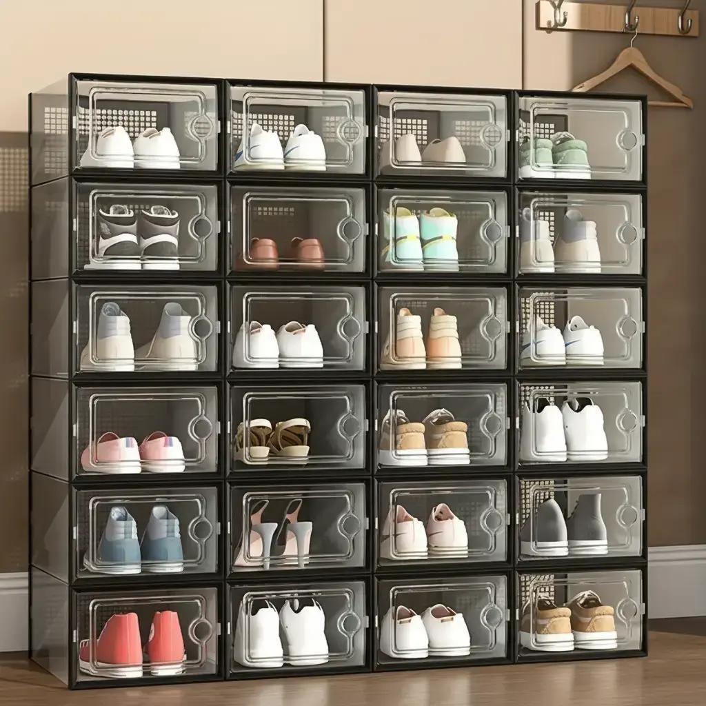 Transparent Dustproof Stackable Shoe Box Cover, Foldable and Stackable Shoe Rack, Plastic Sports Shoes Container, Multi-Functional Shoe Storage Box, Clear Shoe Storage