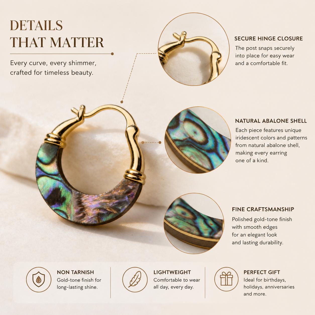 Women's Non-Tarnish Minimalist Lightweight Gold-Tone Electroplated Copper Alloy Abalone Shell Hoop Earrings 2cm Iridescent Ocean-Inspired Female Accessories for Daily Wear Beach Vacations
