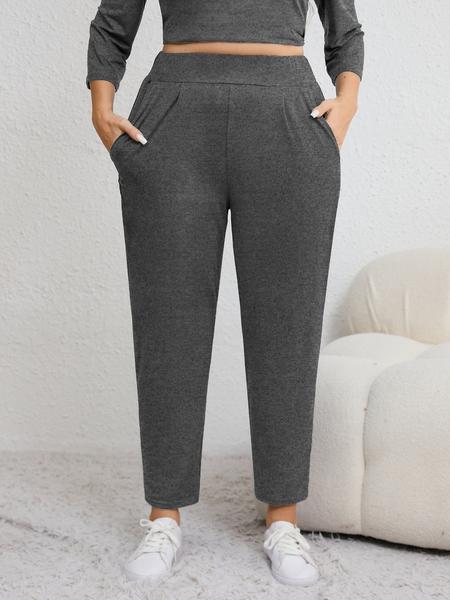 Plus Size Solid Plicated Pocket Elastic Waist Joggers, Casual Sporty High Waist Trousers for Women, Women's Sportswear for Indoor Outdoor Wear Plus Size Solid Plicated Pocket Elastic Waist Joggers, Casual Sporty High Waist Trousers for Women, Women's Sportswear for Indoor Outdoor Wear