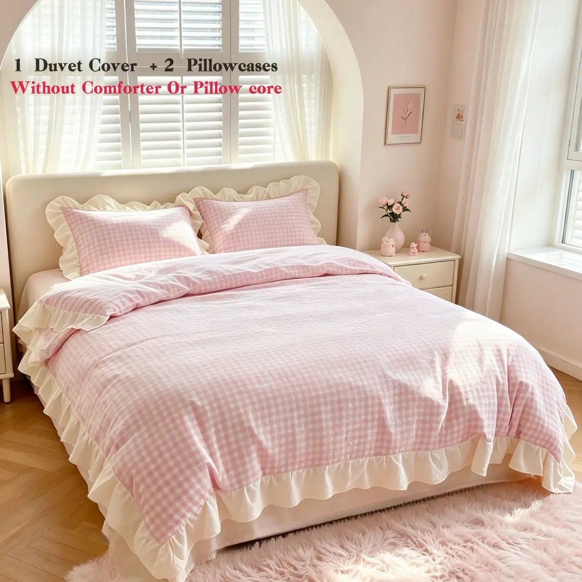 Flounce Plaid Bedding Set (1 Duvet Cover + 2 Pillowcases), Soft Comfortable Fabric, Multiple Colors Available, Farmhouse Bedroom Decor