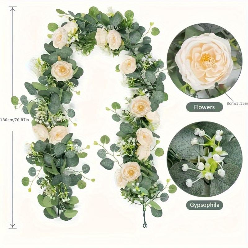 70-Inch Eucalyptus and Rose Garland, Plastic Flower Vine for Home Decor, Wedding, Engagement Table Decoration, Suitable for Various Room Types, Featherless Plastic Floral Vine, Ideal for Party Tables & Indoor Wall Backdrops, Artificial Eucalyptus Garland