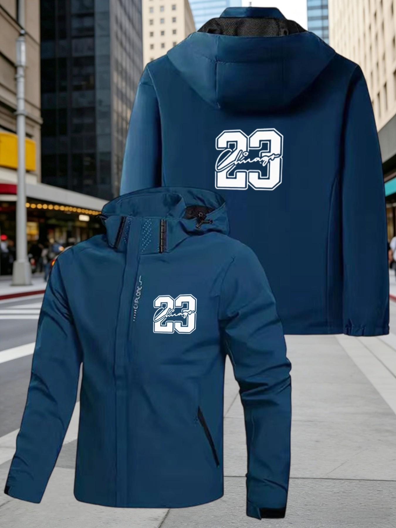 Chicago 23 Number Printed Hooded Jacket for Men, Windproof Waterproof Bomber Coat, Spring & Fall Basketball Outdoor Outerwear