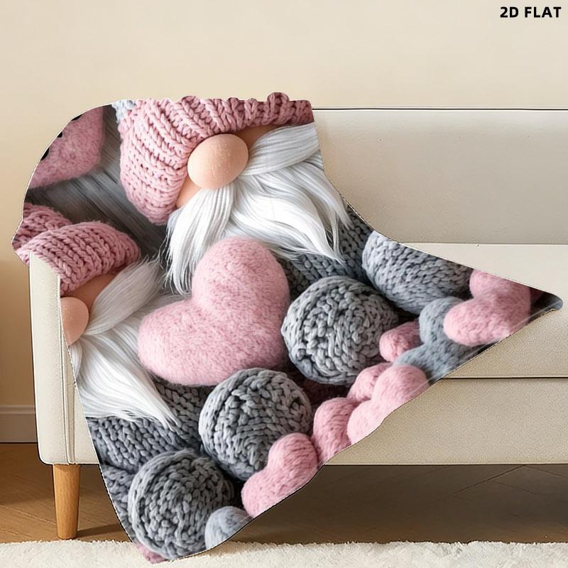Cozy Love-themed Knitted Gnome Throw Blanket, Single-sided Printed, Multiple Specifications Available, Perfect for Napping & Relaxing, Soft Flannel Material, Ideal for Adults, Adds Warmth & Charm to Home, Office & Travel