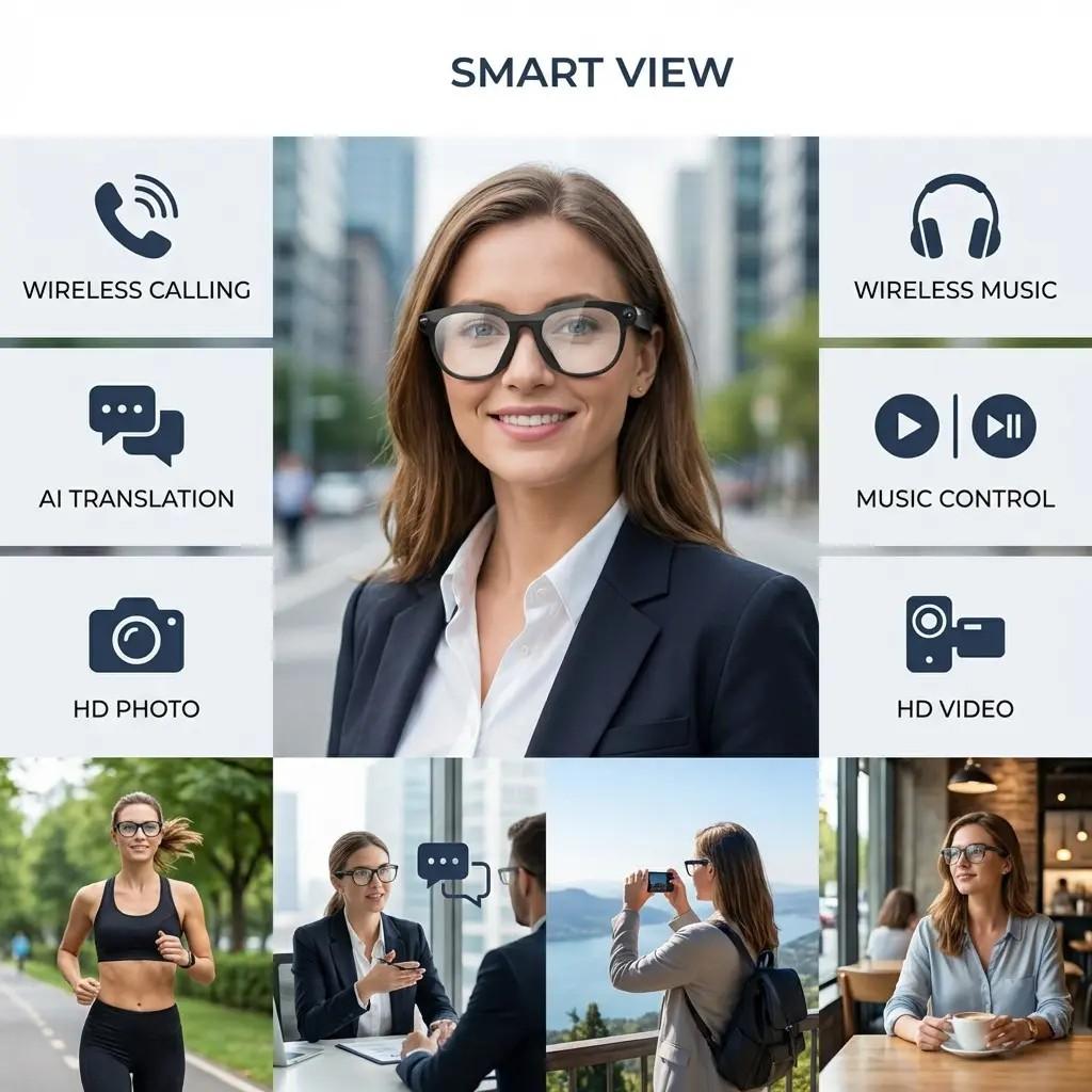 Real-Time Translation Smart Glasses, Real-Time Translation and Voice Assistant, Open Ear Design, Lithium Ion Battery, PC Frame