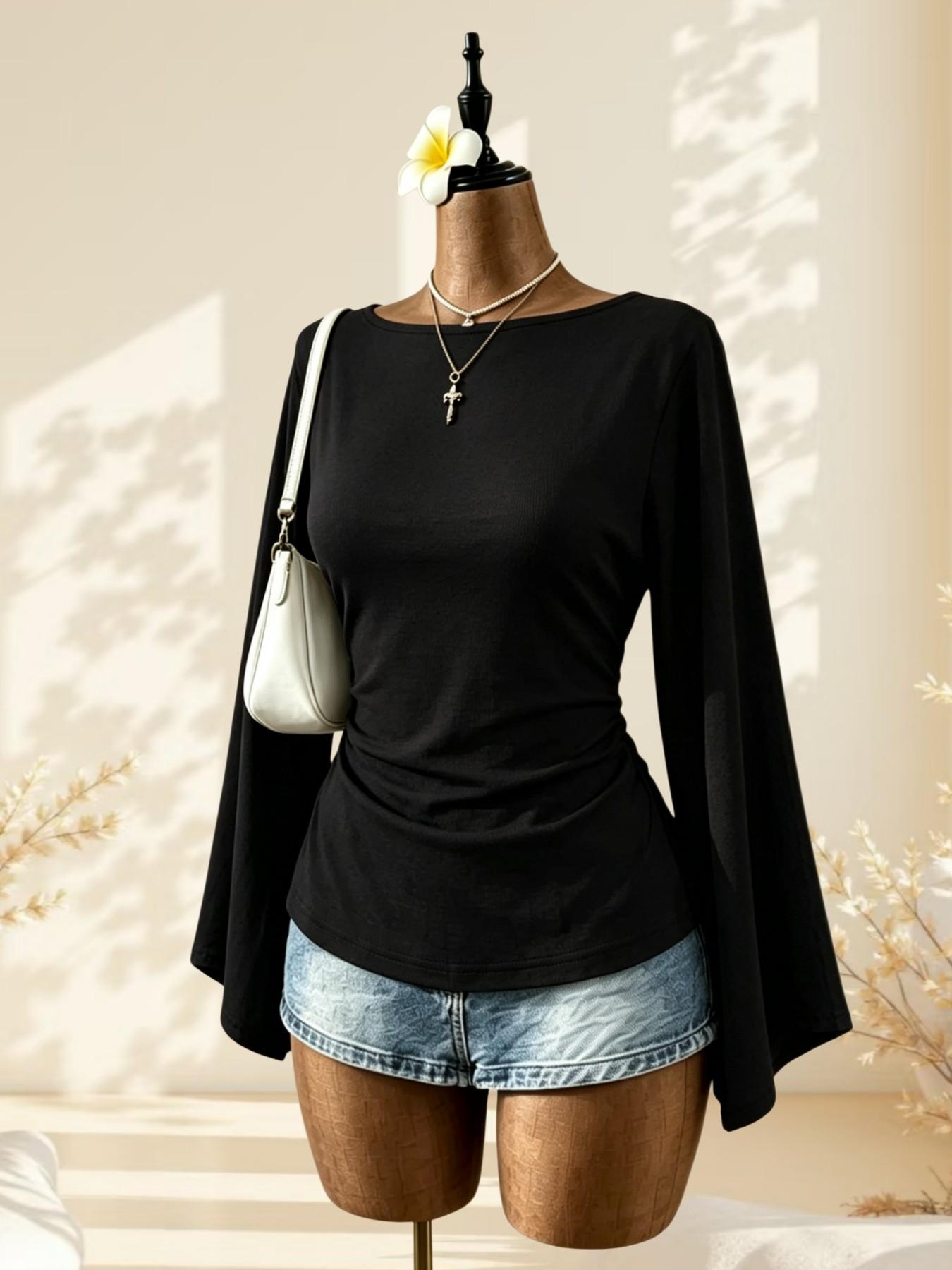 French Lazy Style Plain Color One-Shoulder Bell Sleeve Top, Side Pleat Waist Slimming Commuter Shirt, Choose 1/2 Pieces