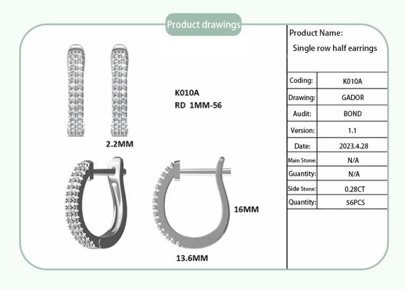 Double row half earrings S925 silver moissanite diamond quartz D grade 0.28CT S925 Silver Moissanite Stud Earrings
