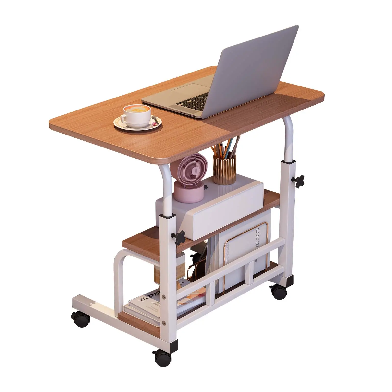Adjustable Height Mobile Standing Desk – Portable Rolling Laptop Table – Space-Saving Computer Desk for Home Office – With Wheels, White 80 x 40CM
