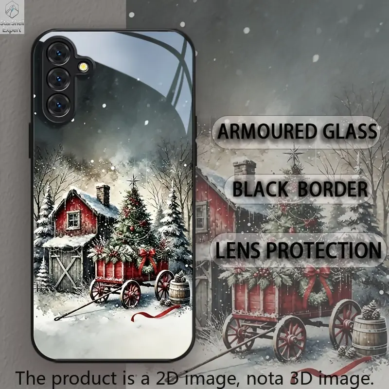 Phone Case: 2D Winter Christmas Red House Carriage Watercolor Snow Scene Cool Black Pattern Glass Phone Case for Galaxy S26 S25 S24 S23 S22Pro S21 S20 Fe Plus Ultra Pro A56 A55 A54 A53 A52 A51 A36 A35 A34 A32 A26 A25 A24 A23 A16 A15 A14 A06 A05 A03s, Acce