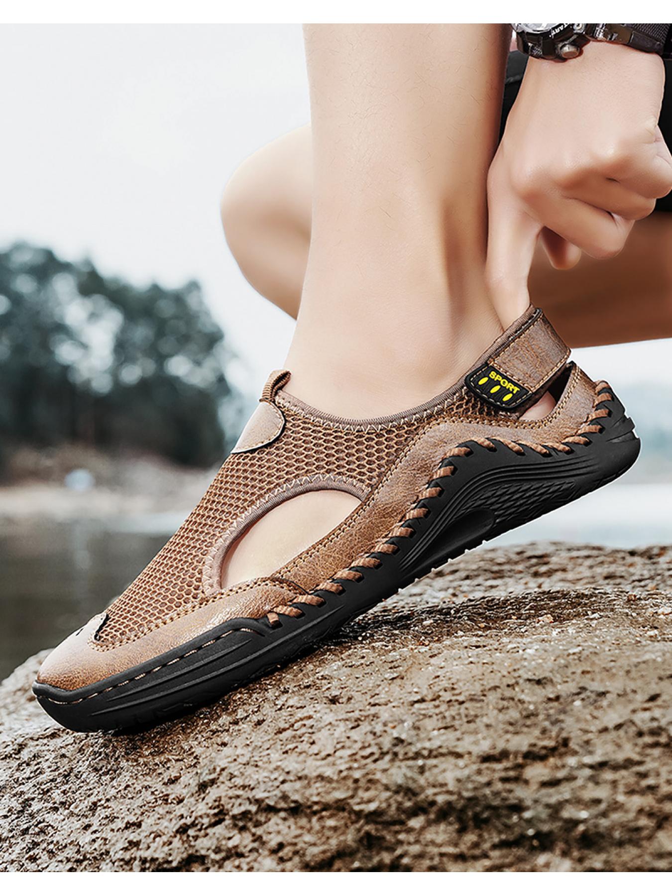 Men's Solid Color Mesh Breathable Closed-Toe Sandals, Hand-Stitched Soft Sole Water Shoes, Slip-On Casual Outdoor Beach Shoes