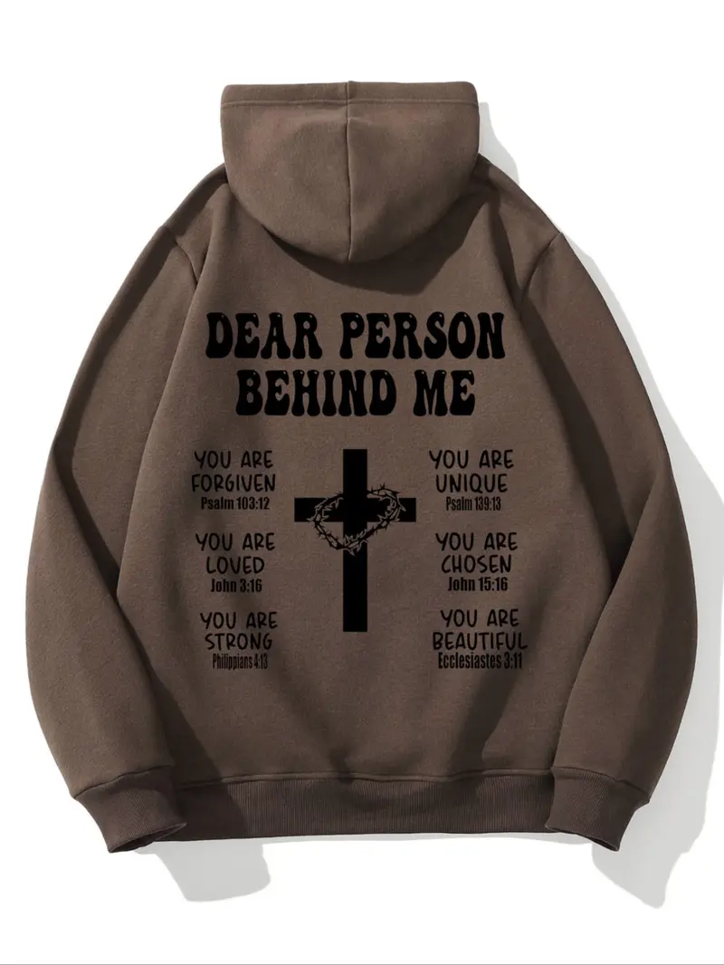 Christian Fitted Hoodie with Bible Verse, Long Sleeve Inspirational Sports Sweatshirt, Faith Cross Graphic Printed Pullover Hoodie, Casual Fall & Winter Wear, Printed Hooded