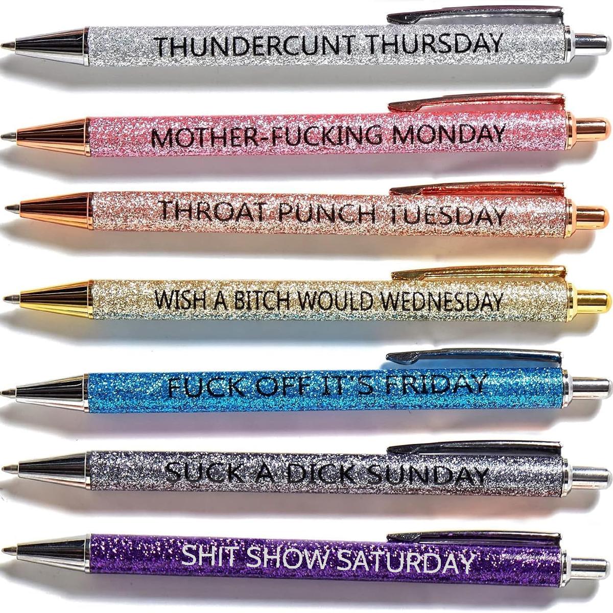 7-Piece Funny Pens for Adults, Office Pens with Sayings for Each Day of the Week, Weekday Glitter Ballpoint Pen Set, Inspirational Gift for Colleagues, Multi-Colored, High Quality