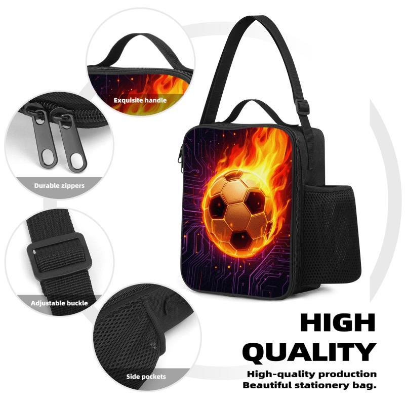 "Flaming Soccer" Insulated Lunch Bag — Features Adjustable Shoulder Strap, Top Handle, and Mesh Side Pocket — Leak-Proof Lunch Tote for Work, Commuting, Picnics, and Travel