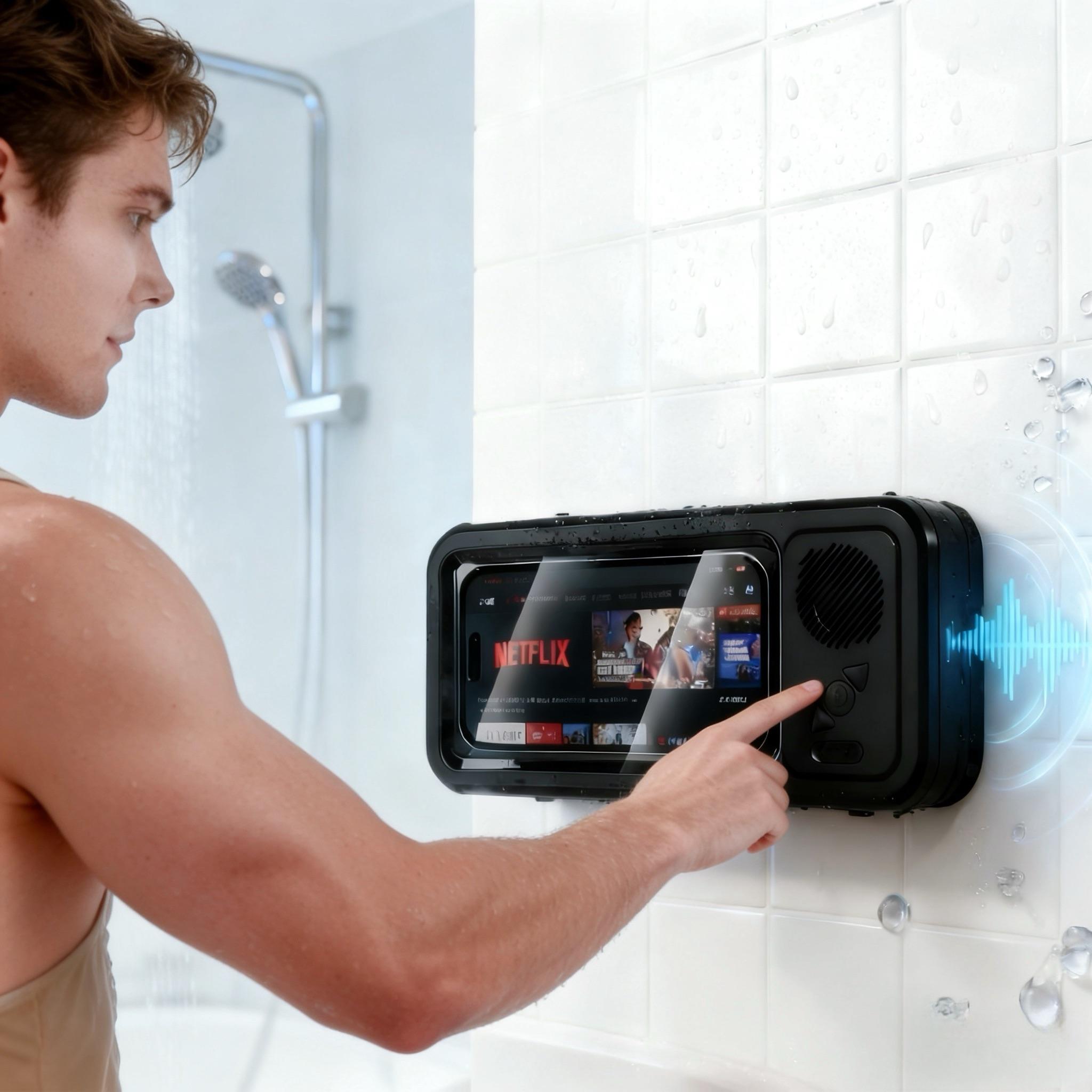 Waterproof box speaker, bathroom waterproof 360 ° rotating touch screen, Bluetooth speaker, watch movies, listen to music, phone holder Bluetooth speaker audio shower TV holder, swimming pool, kitchen, bathroom, sink