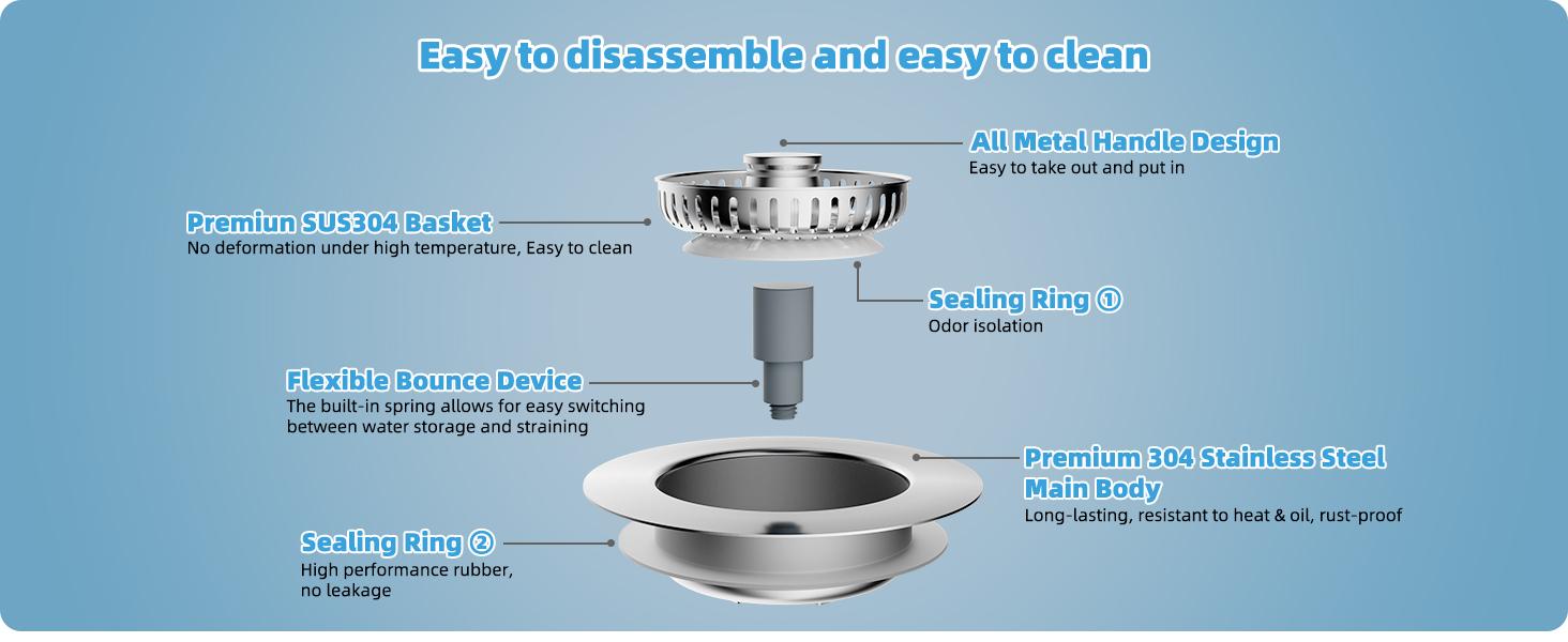 All Metal Stainless Steel 3 in 1 Kitchen Sink Drain Strainer, Upgraded Anti-Rust Sink Stop Combo, Anti-Clogging Stainless Steel Basket Strainer with Metal Handle for US Standard 3-1/2" Drain