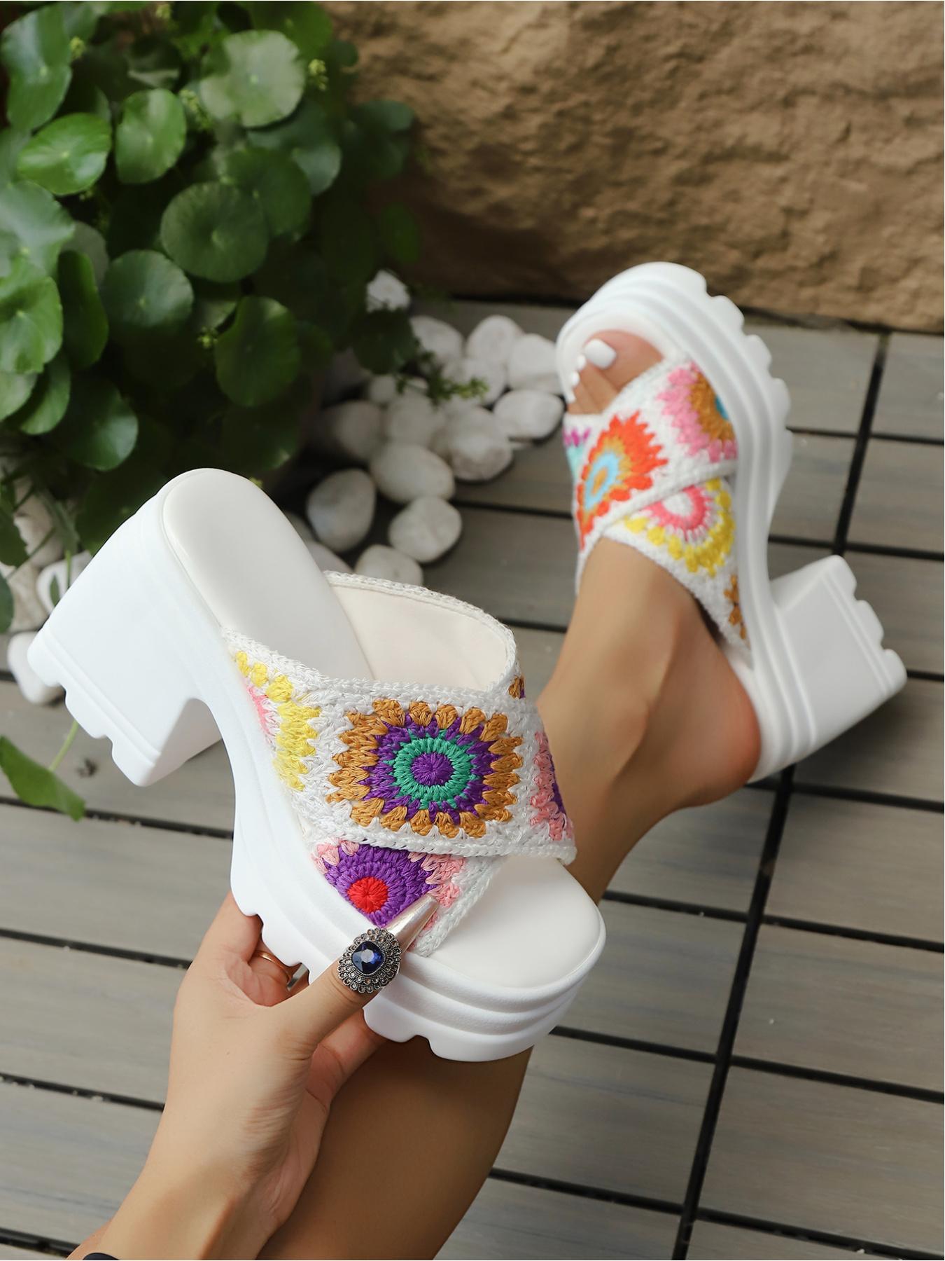 Boho Style Handmade Crochet Shoes, Colorful Block Pattern, Cross Strap Design, Thick Sole Heel, Waterproof Anti-Slip, Comfortable & Stylish