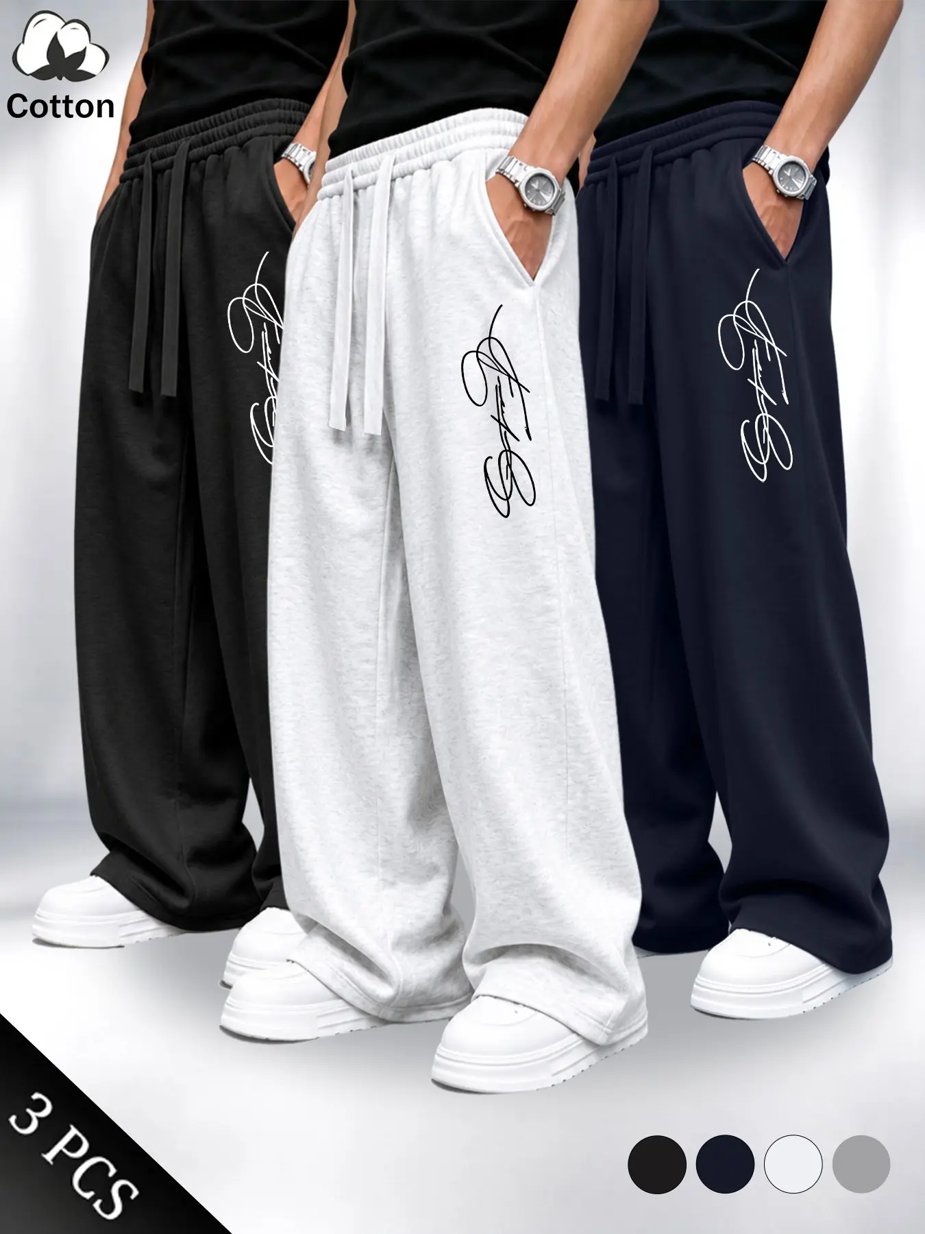 3-Pack Men's Cotton Wide-Leg Sweatpants, Letter Print, Loose Straight Fit, Drapey Fabric, Versatile Plain Color, Home & Streetwear, Trouser