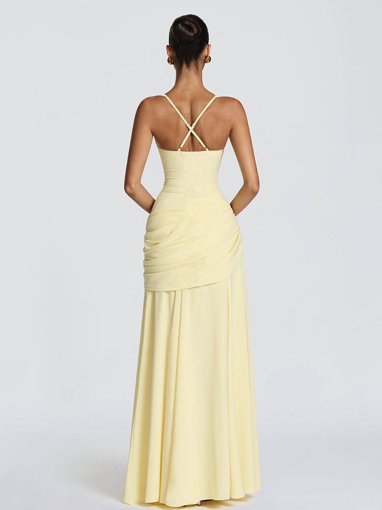 Women's 2026 Spring Summer Sleeveless Solid Color Cinched Waist Flared Formal Dress, European American Elegant Cocktail Party Evening Dress