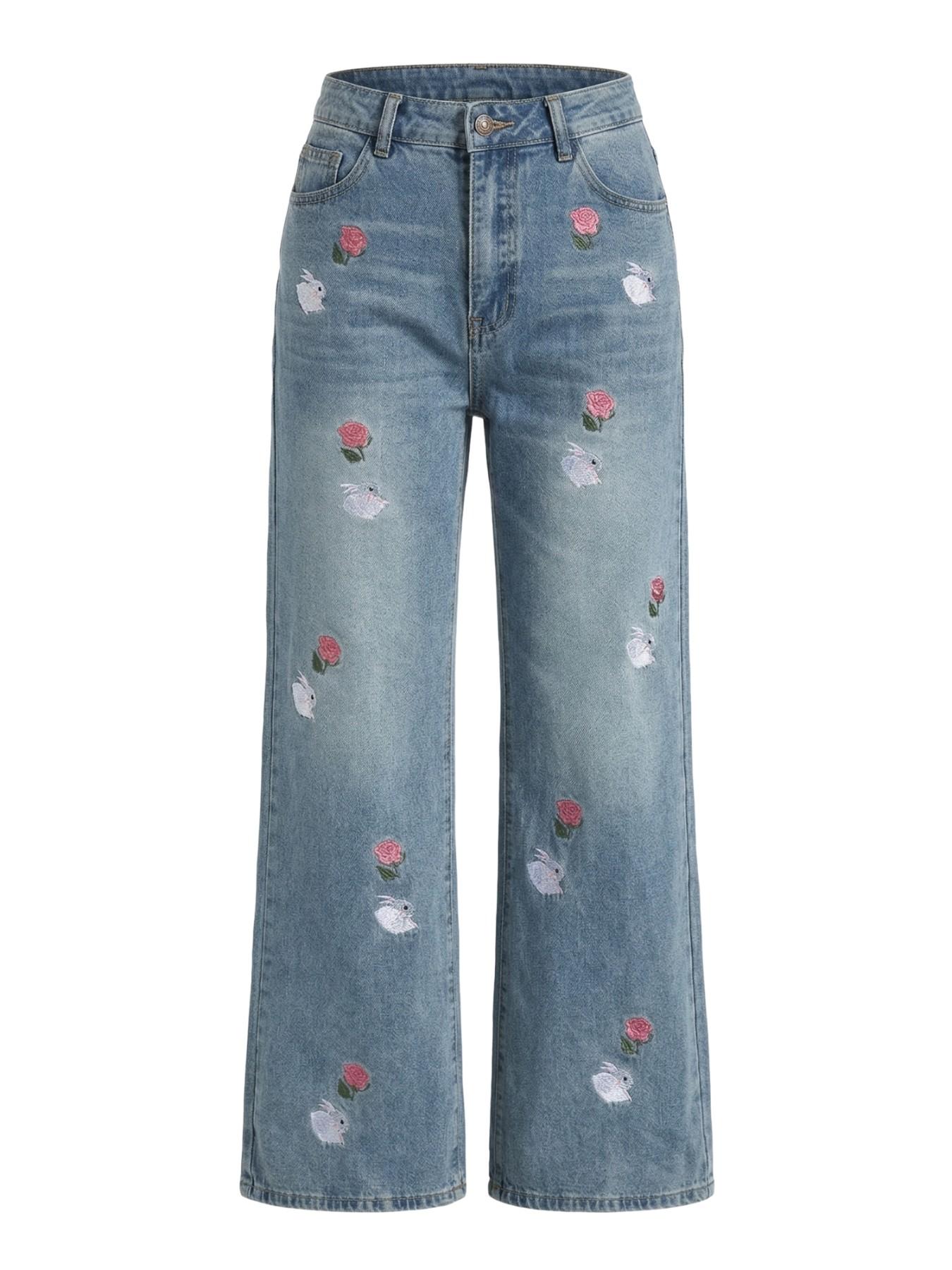 Women's Wide Leg Jeans, Loose Straight Fit, Embroidered Rose and Rabbit, Y2K Street Style, All Seasons, Elegant Plain Design