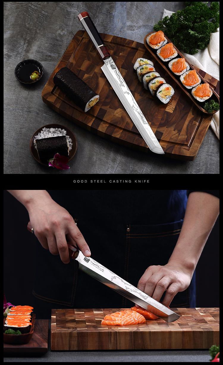 FINDKING Prestige Series Sakimaru Knife with Walnut Cover, Japanese SKD11 Damascus Steel Blade, Ebony Wood Octagonal Handle, Professional Sashimi Sushi Fish Knife (10.5 Inches, with Wooden Gift Box)